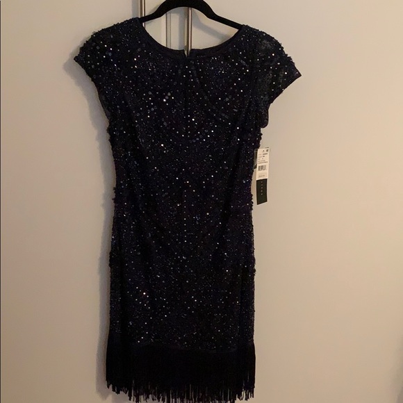 Aidan Mattox Dresses & Skirts - Navy blue sequins dress with fringe on the bottom